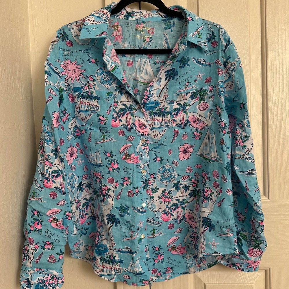 Lilly Pulitzer Floridita Linen Button Down Shirt Florida Map Print Blue Medium - Picture 2 of 8
